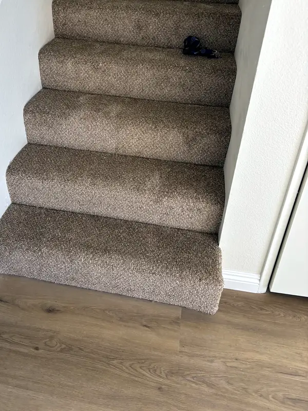Carpeted staircase and new vinyl plank floor installed by Dream Space Remodel