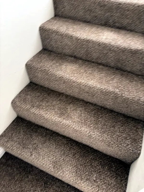 Tan carpet wrapped around bullnose steps — Dream Space Remodel flooring job