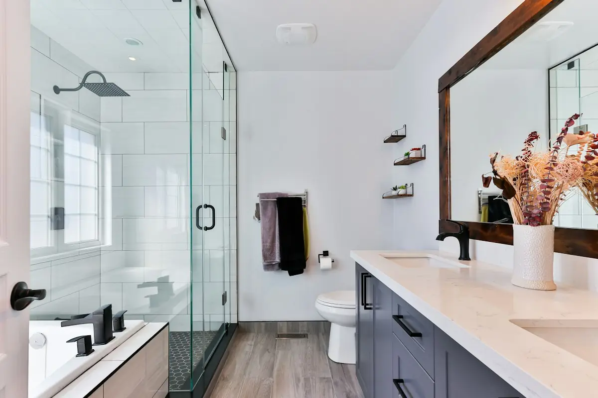 Luxury bathroom with marble tiles and modern fixtures