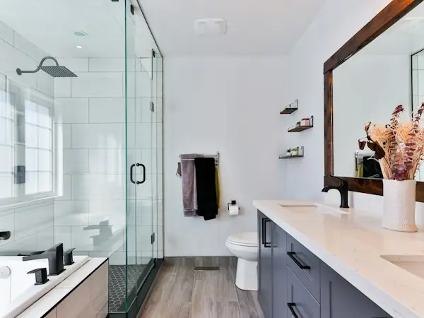 Bathroom with a glass shower and double vanity